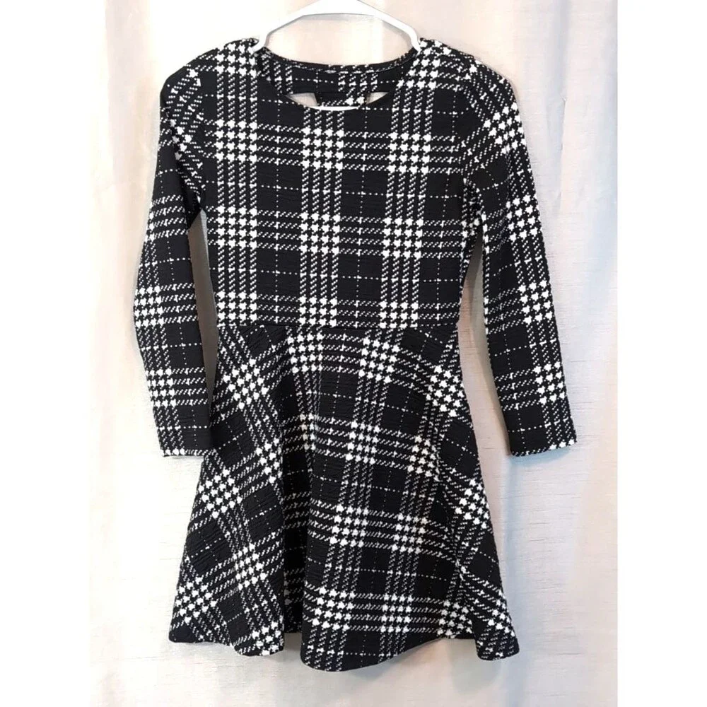 PLACE Girl's LARGE 10-12 Black White Plaid Dress Long Sleeve Academia